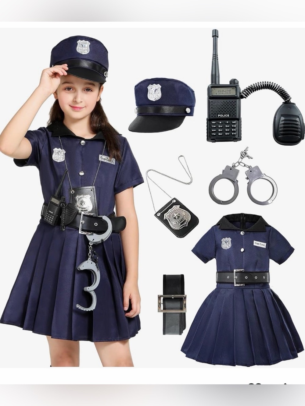 NWOT Police Officer Cosplay Halloween Costume Dress with Hat & Accessories